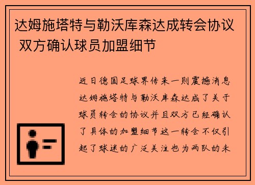达姆施塔特与勒沃库森达成转会协议 双方确认球员加盟细节